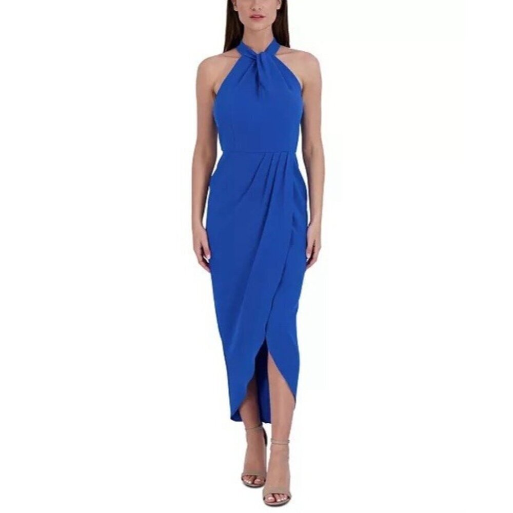 New Julia Jordan Womens Size 12 Blue Knot-Neck Tulip-Hem Halter Midi  Dress